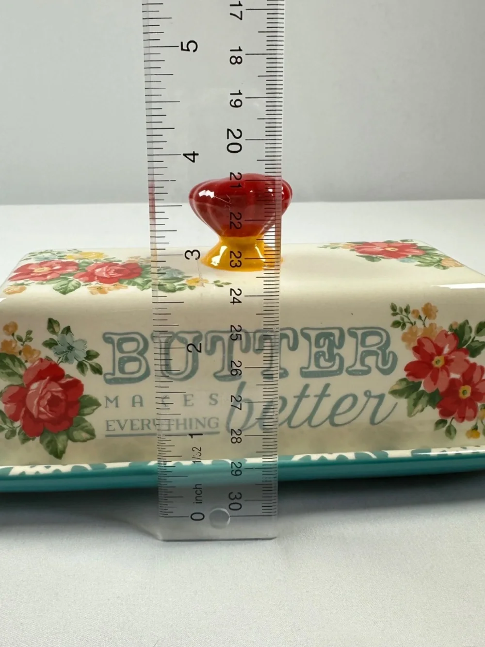The Pioneer Woman Vintage Floral Butter Dish Stoneware Ceramic Red Teal Yellow